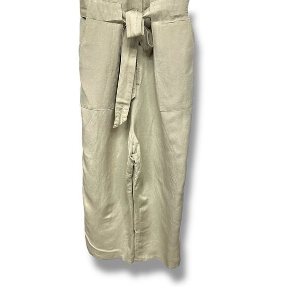 A New Day Jumpsuit Size L Linen Blend Wide Leg Cropped Button Front Belted Tan - Picture 4 of 8